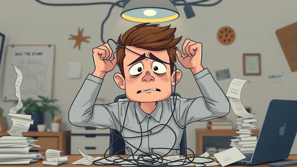 Frustrated individual struggling with tangled plans, psychological obstacles to goal setting, minimalistic messy workspace