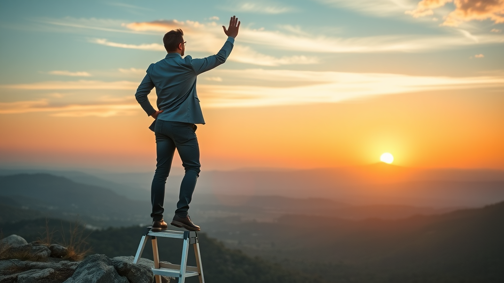 Confident professional standing atop a ladder looking to the horizon—symbolizing future success achieved by balancing short term and long term goals.