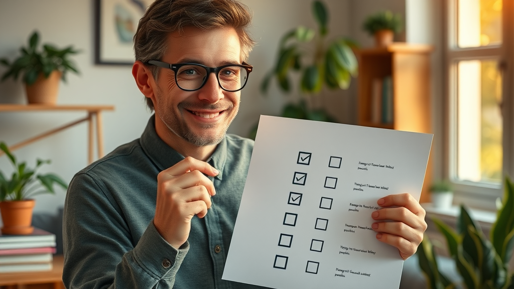 Confident person ticking off progress chart, benefits of goal setting psychology, optimistic expression