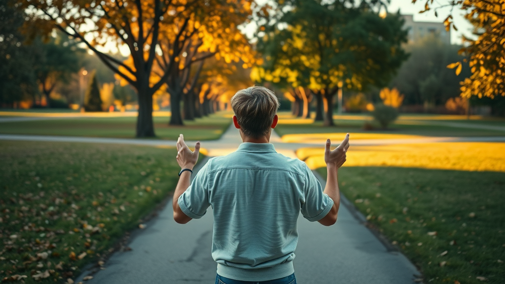 A person at a literal crossroads illustrating short term vs long term goal choices. Outdoor park with warm golden light and split paths.