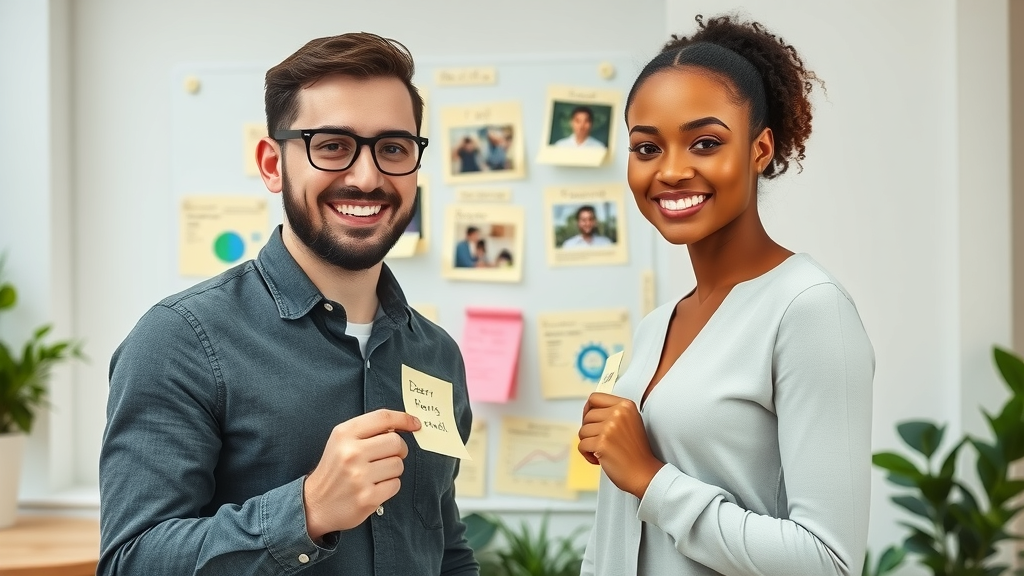 ambitious young man and woman collaborating on a vision board for personal and professional goals in a modern coworking space