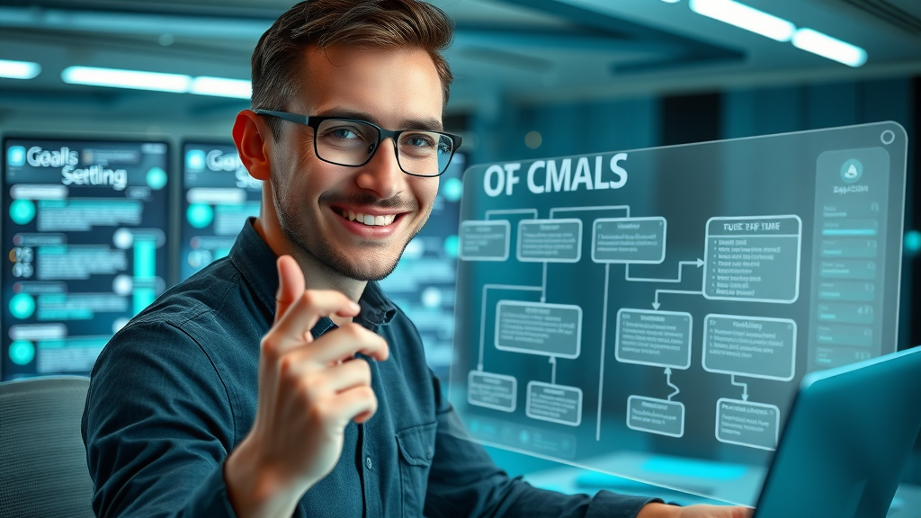 aspiring individual mapping out goal setting for success on a digital flowchart in a futuristic workspace