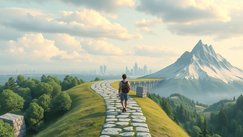 Symbolic path winding through self-discovery, skill-building, and resilience landscapes, illustrating three types of personal growth