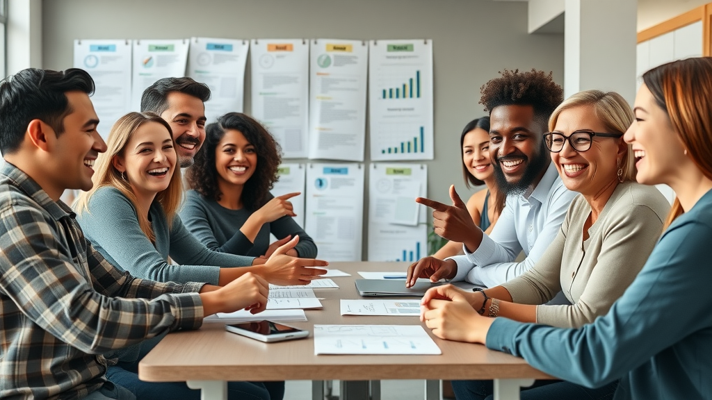 Diverse team collaborating on goal setting, supporting each other, office with goal charts