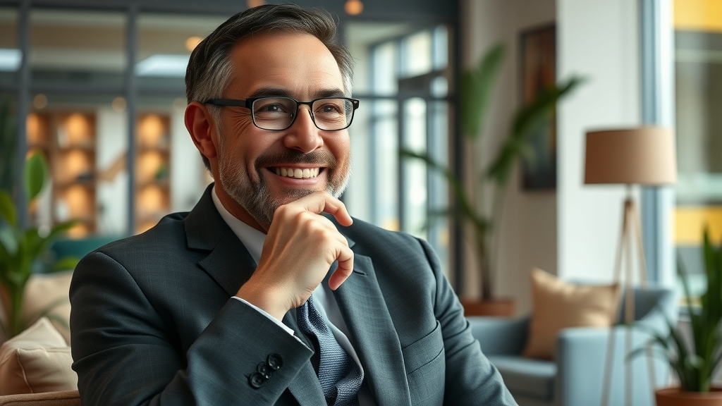 thoughtful business leader reflecting on emotional intelligence in an office lounge, contemplative pose, warm modern interior