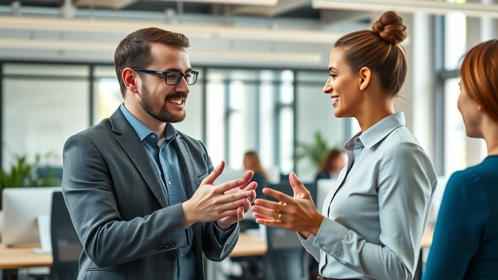 office team with compassionate manager calmly resolving a heated discussion, emotional intelligence at work
