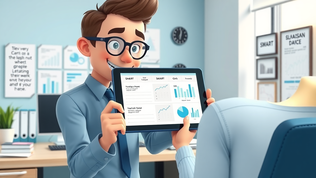 organized workspace with person reviewing SMART goal setting for success chart on a tablet