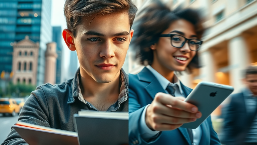 Split scene: one side young adult studying, other side business professional receiving award—symbolizing personal and business achievements in short and long term.