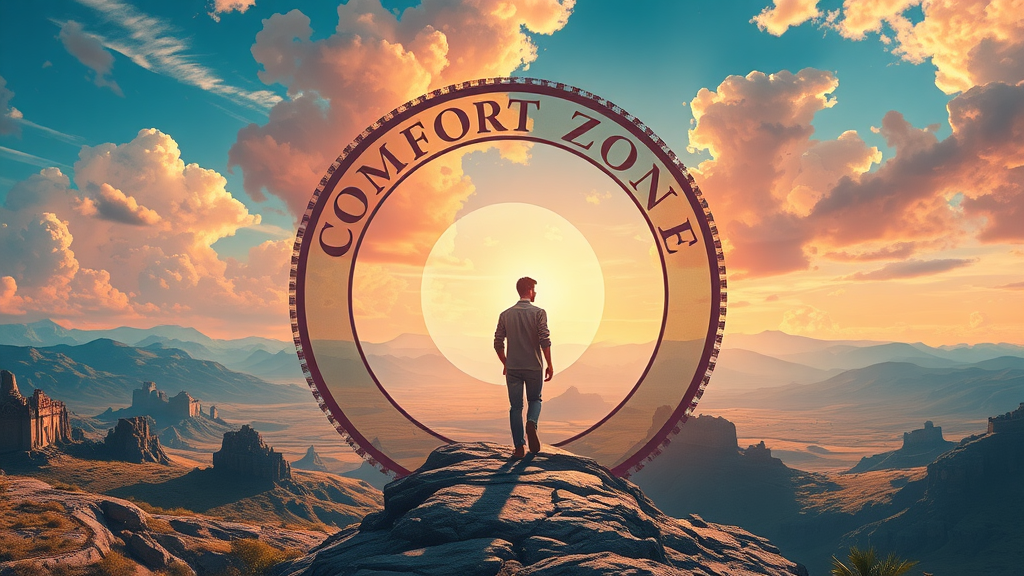 Courageous adult stepping out of a comfort zone into the unknown world, symbolizing personal growth