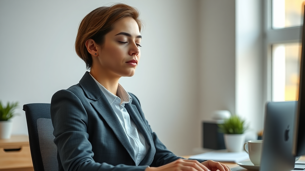 calm professional practicing mindful self-regulation at desk, emotional intelligence in focus, serene and natural expression