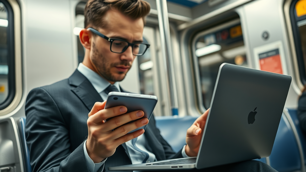 businessperson using smartphone and laptop to track goals while commuting, goal tracking app interfaces in focus