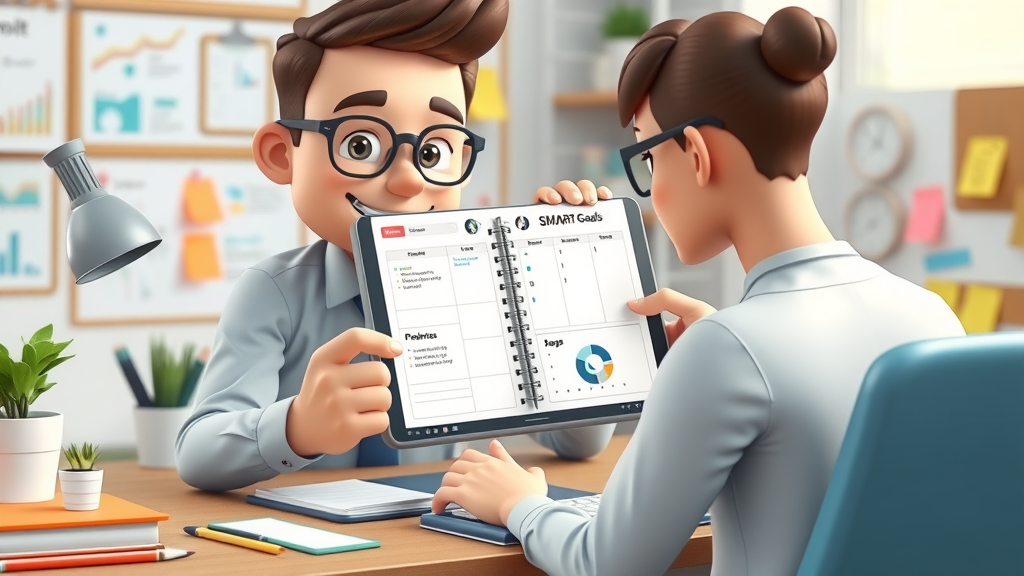 Workspace displaying SMART goals template, emphasizing disciplined goal setting with digital planners and sticky notes, linked to short term vs long term goals.