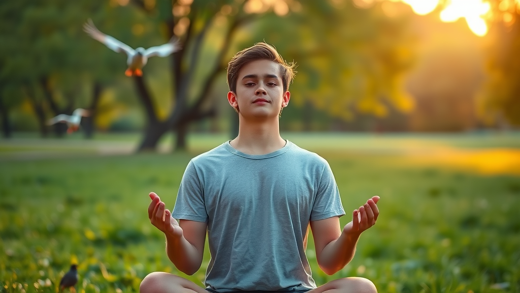 young adult practicing mindfulness to boost self-awareness and emotional intelligence, meditating in a tranquil park