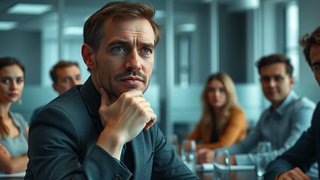 isolated individual with low emotional intelligence struggling in a team meeting, subtle discomfort, glass conference room