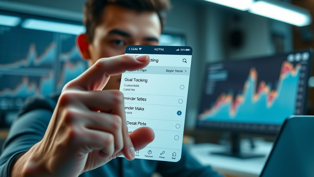 close-up of goal tracking app with customizable templates and reminder settings on digital workspace
