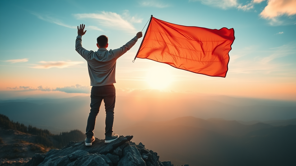 Successful individual celebrating goal achievement on a mountain peak, sunrise background, goal setting psychology success