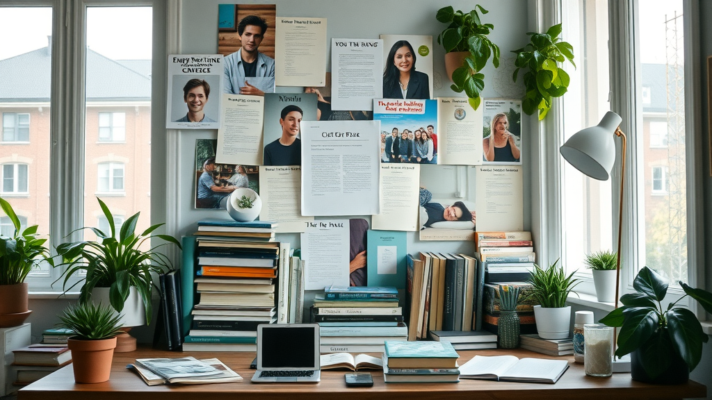 dynamic collage of books and digital devices showcasing emotional intelligence tools and resources, home desk with plants