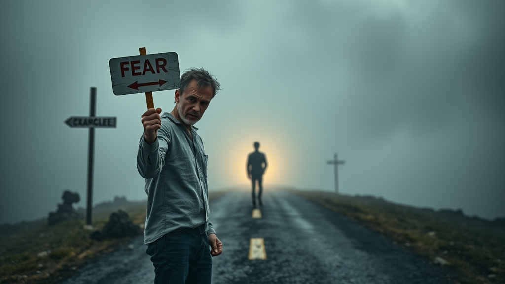 Struggling adult at crossroads, facing signs for fear, procrastination, and limiting beliefs, symbolizing barriers to personal growth