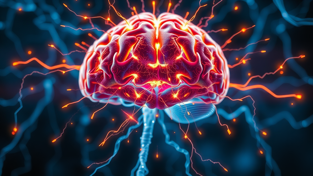 Dynamic brain illustration, neural pathways, psychology of goal setting, dramatic lighting