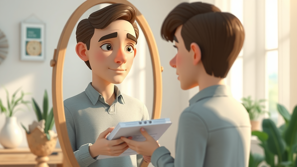 introspective adult calmly self-assessing for goal setting for success in a serene home office