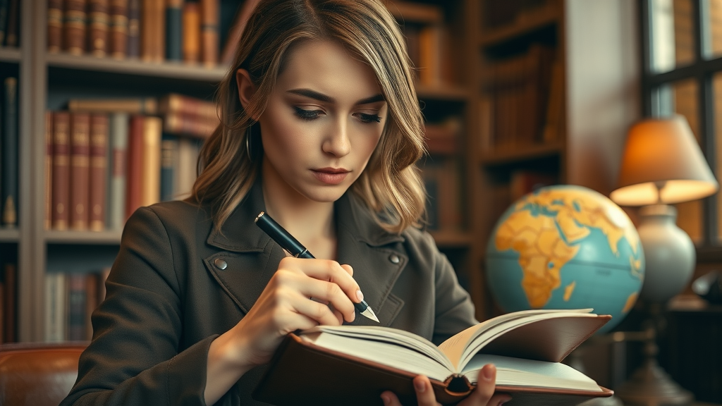 focused professional woman writing goals in a leather-bound journal for goal setting for success in a cozy library