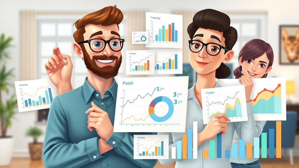 Collage of progress tracking and measurement for both short term and long term goals. Annotated charts and dynamic goal icons in a blended home and office background.