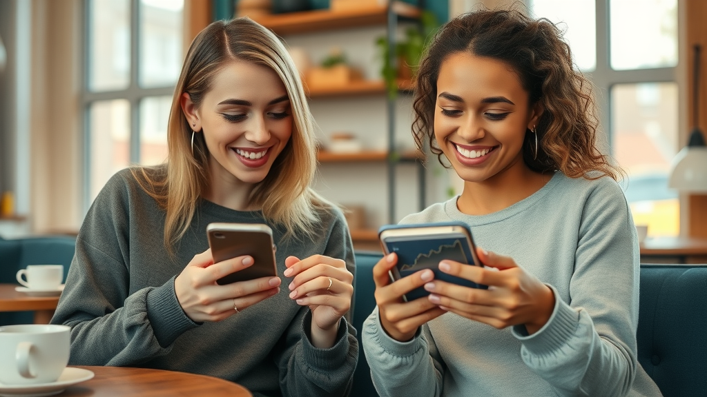 cheerful friends reviewing progress together on mobile apps for accountability in goal setting for success at a cozy cafe