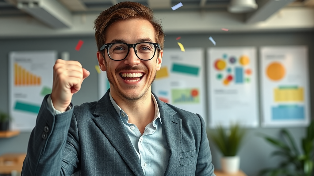 Professional in modern office celebrating a small win, linking short term goals to momentum and engagement. Vision boards and bright lighting.
