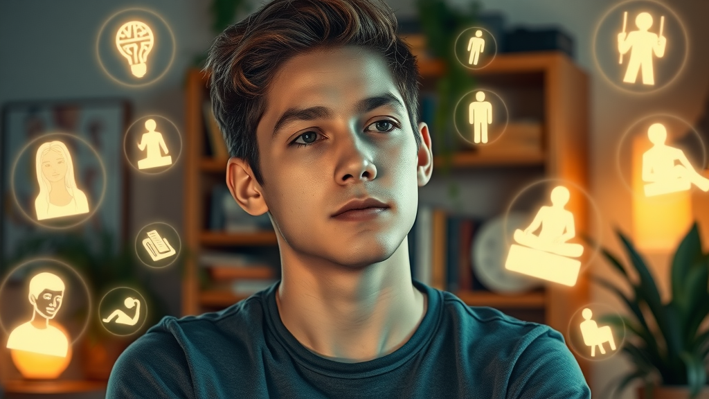 Thoughtful young man surrounded by icons representing emotional, intellectual, physical, social, and spiritual personal growth