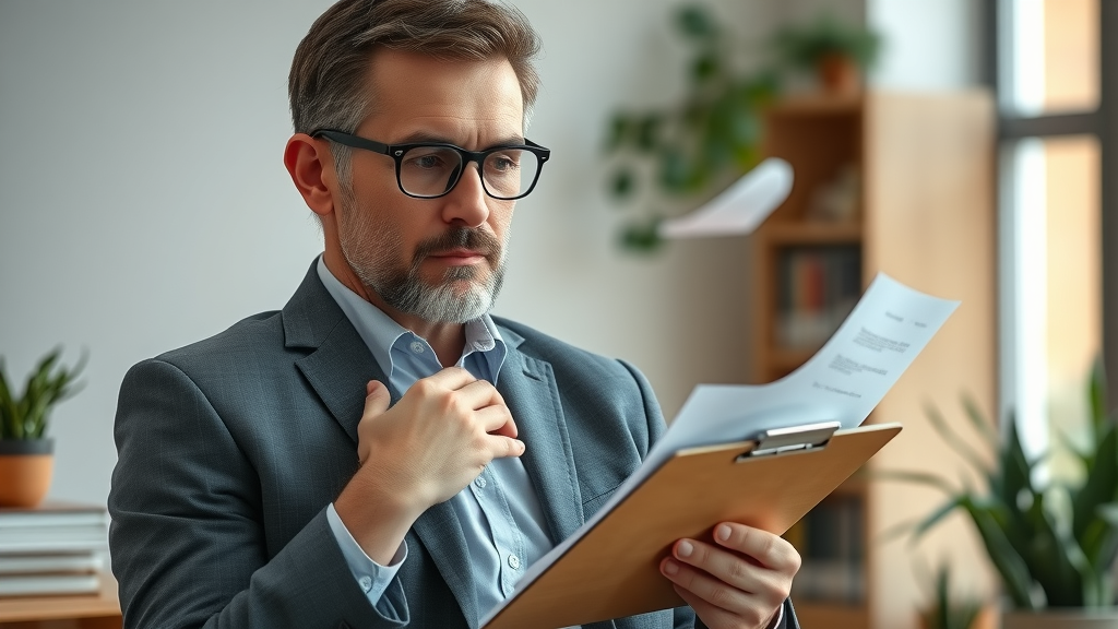 Thoughtful psychologist analyzing notes, goal setting psychology, reflective expression, professional office