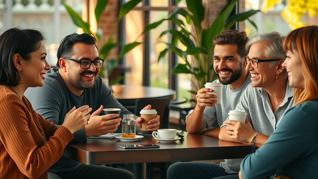 friendly mixed group demonstrating social skills and emotional intelligence, animated conversation in a cozy café