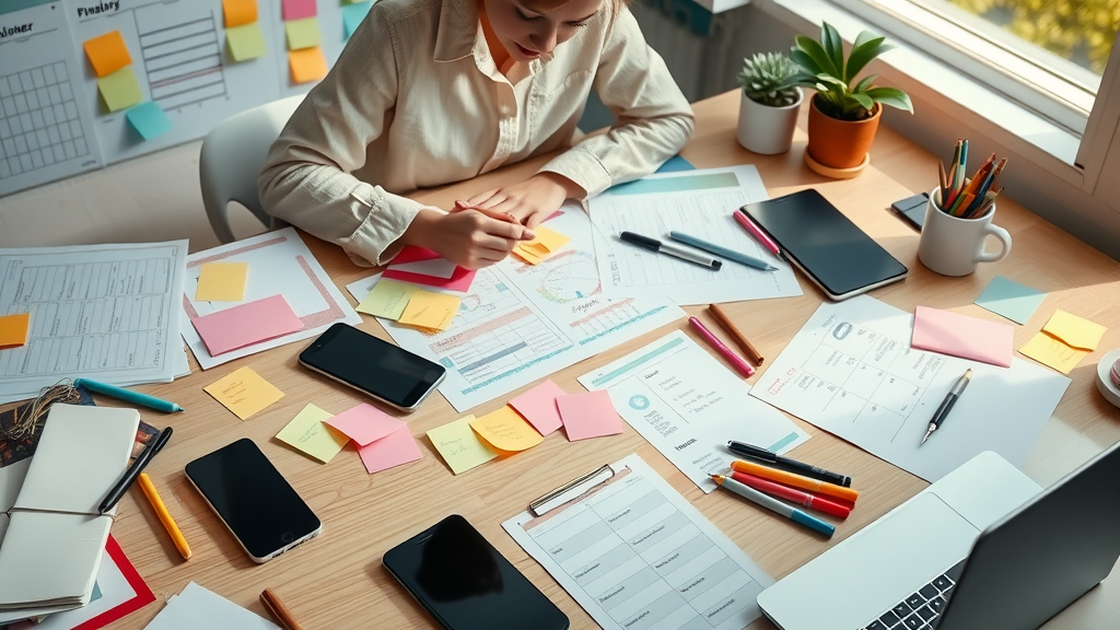 Motivated professional planning short term and long term goals, organized workspace, sticky notes and charts