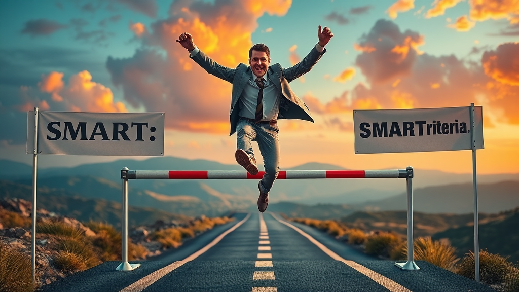 Project manager overcoming hurdles on a path with SMART criteria, symbolizing overcoming goal-setting obstacles, smart goals