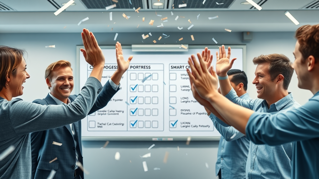 Team celebrating success by checking off SMART goal criteria on progress board, smart goals