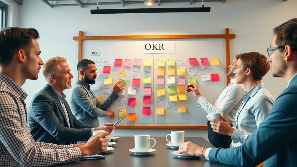 team of business professionals brainstorming OKRs for business goal setting techniques using sticky notes in a meeting room