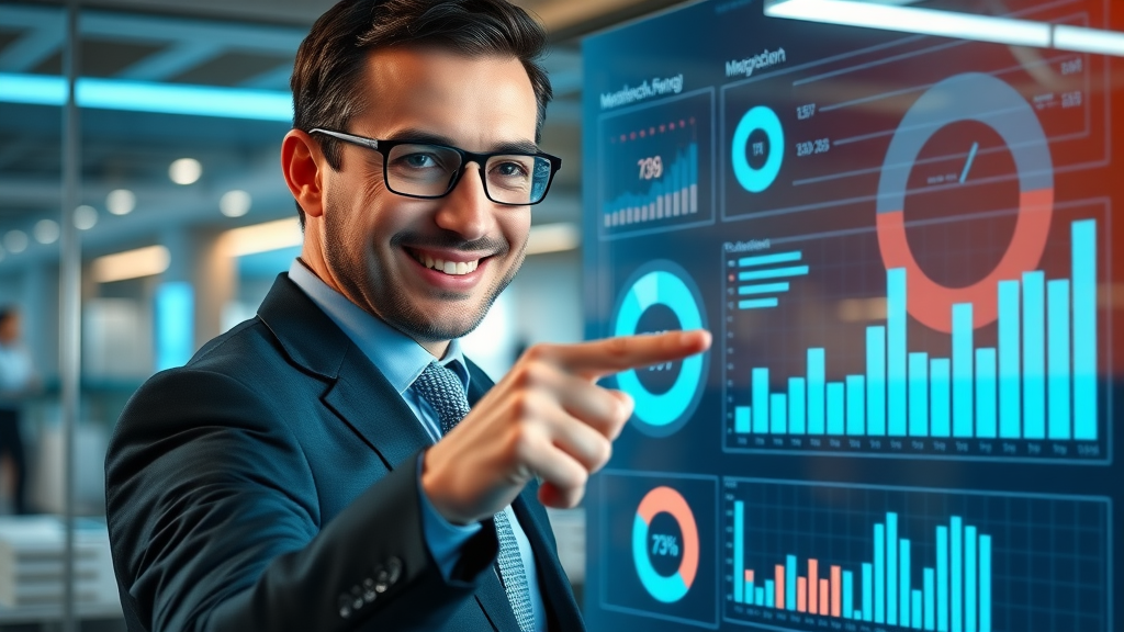 Businessperson tracking measurable SMART goal progress on a digital KPI dashboard in a sleek office, measurable smart goals