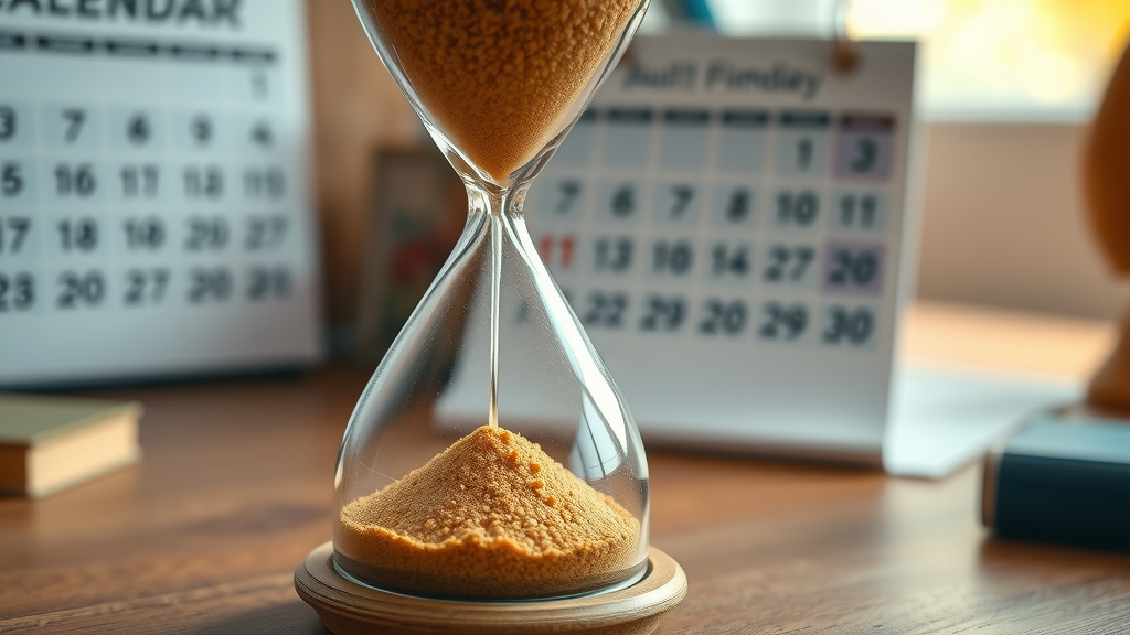Hourglass and calendar symbolizing urgency in setting SMART goal time frames, smart goals
