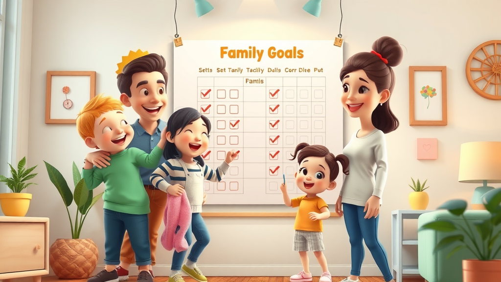 cheerful family setting and tracking family goals on a colorful wall chart for everyday goal setting techniques