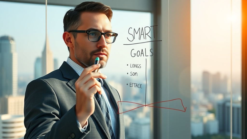 professional man mapping out SMART goals on a glass board for goal setting techniques in a sleek office