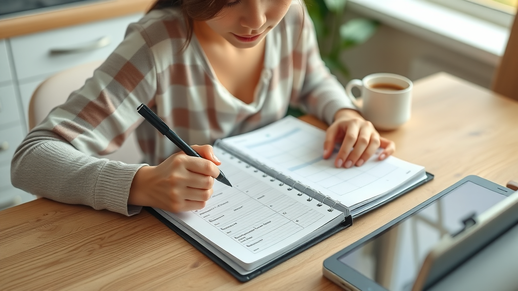 young adult writing daily planner goals at a morning kitchen table for effective goal setting techniques