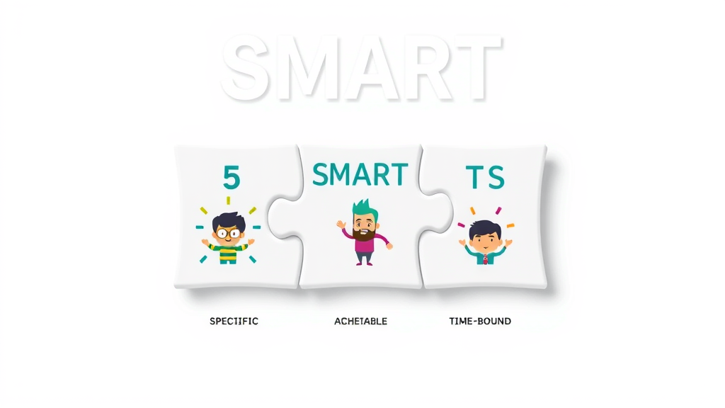 Infographic of five puzzle pieces illustrating SMART criteria: Specific, Measurable, Achievable, Relevant, Time-bound, smart goals