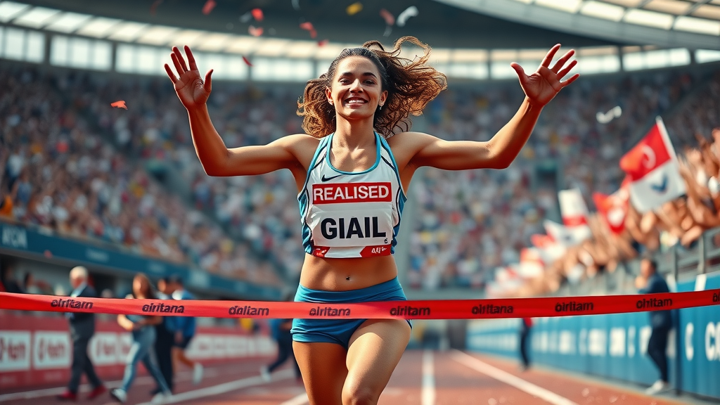 woman athlete crossing finish line to illustrate the achievement of set goals using effective goal setting techniques