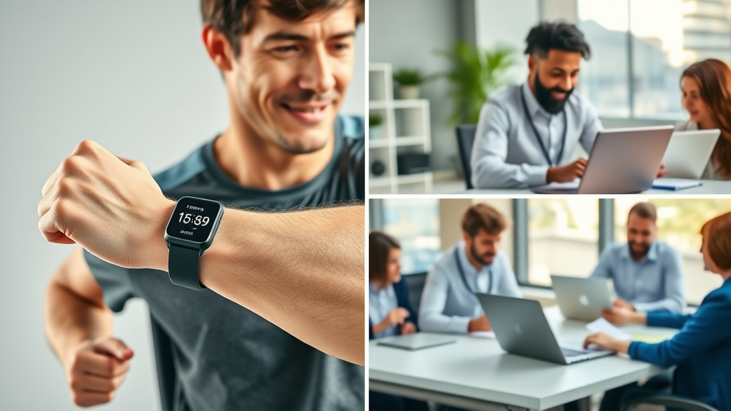 Collage: Jogger's fitness tracker, manager at sales meeting, team using project management template for SMART goals