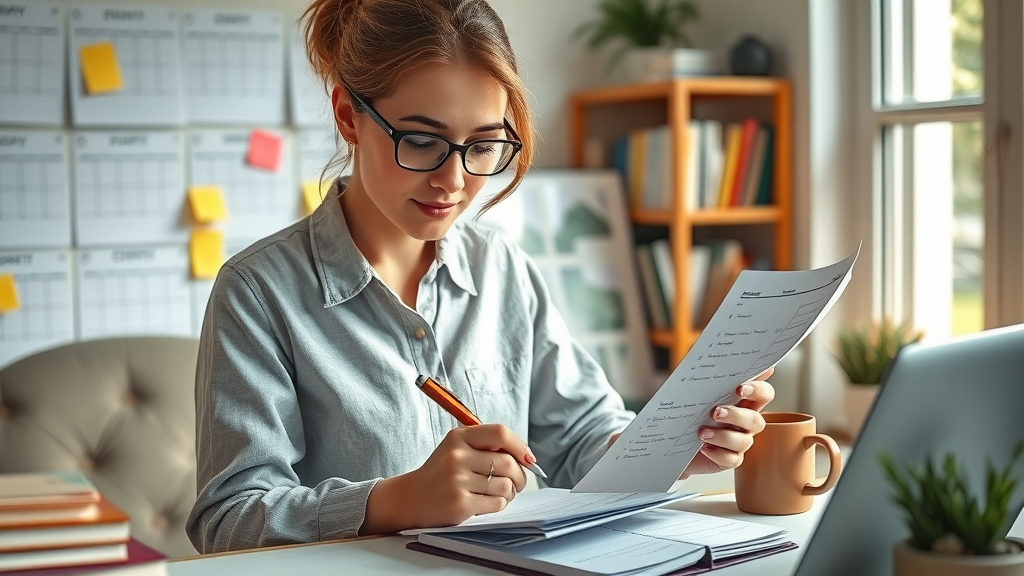 organized woman writing organized checklist for goal setting techniques at a cozy home workspace