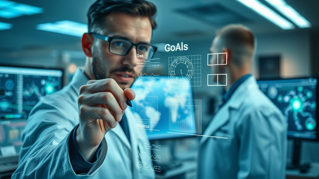 Scientist evaluating effective goal setting with charts and data analysis