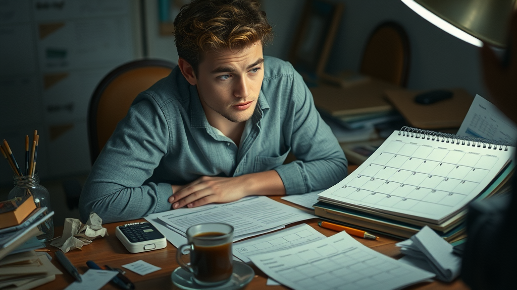 frustrated adult neglecting progress tracking surrounded by goal-setting clutter on a dim workspace