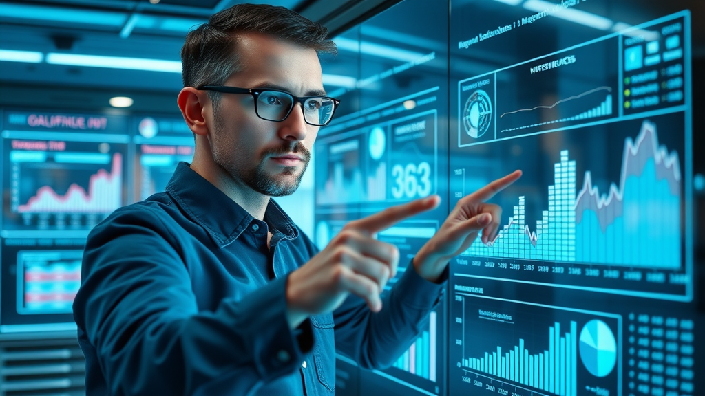 data analyst pointing at digital charts showing user preferences for goal setting techniques in a tech hub