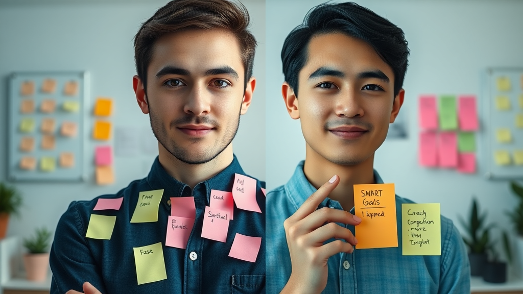 Split scene comparing traditional vague goals and organized SMART goals in a modern office, smart criteria