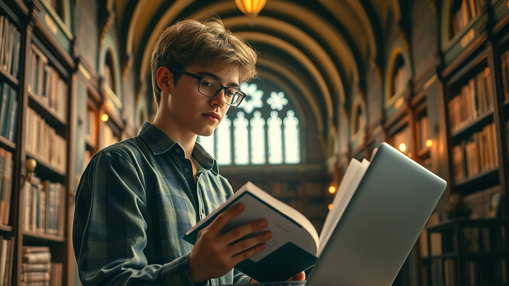 focused university student setting academic goals on a laptop and planner in a library using goal setting techniques