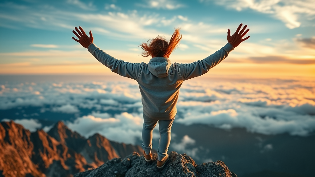 Triumphant individual at mountain summit inspired and motivated, hands raised in victory, symbolizing the essence of ambition.